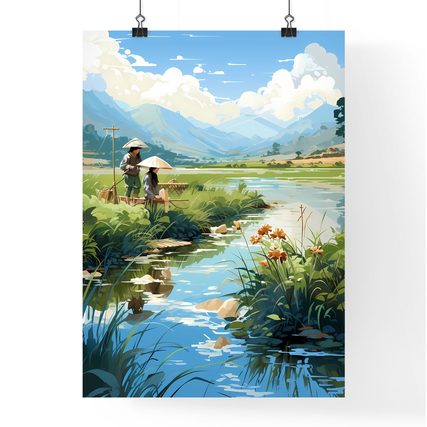 Vietnam - A Painting Of A Couple Of People In A Field With Plants And Flowers Default Title