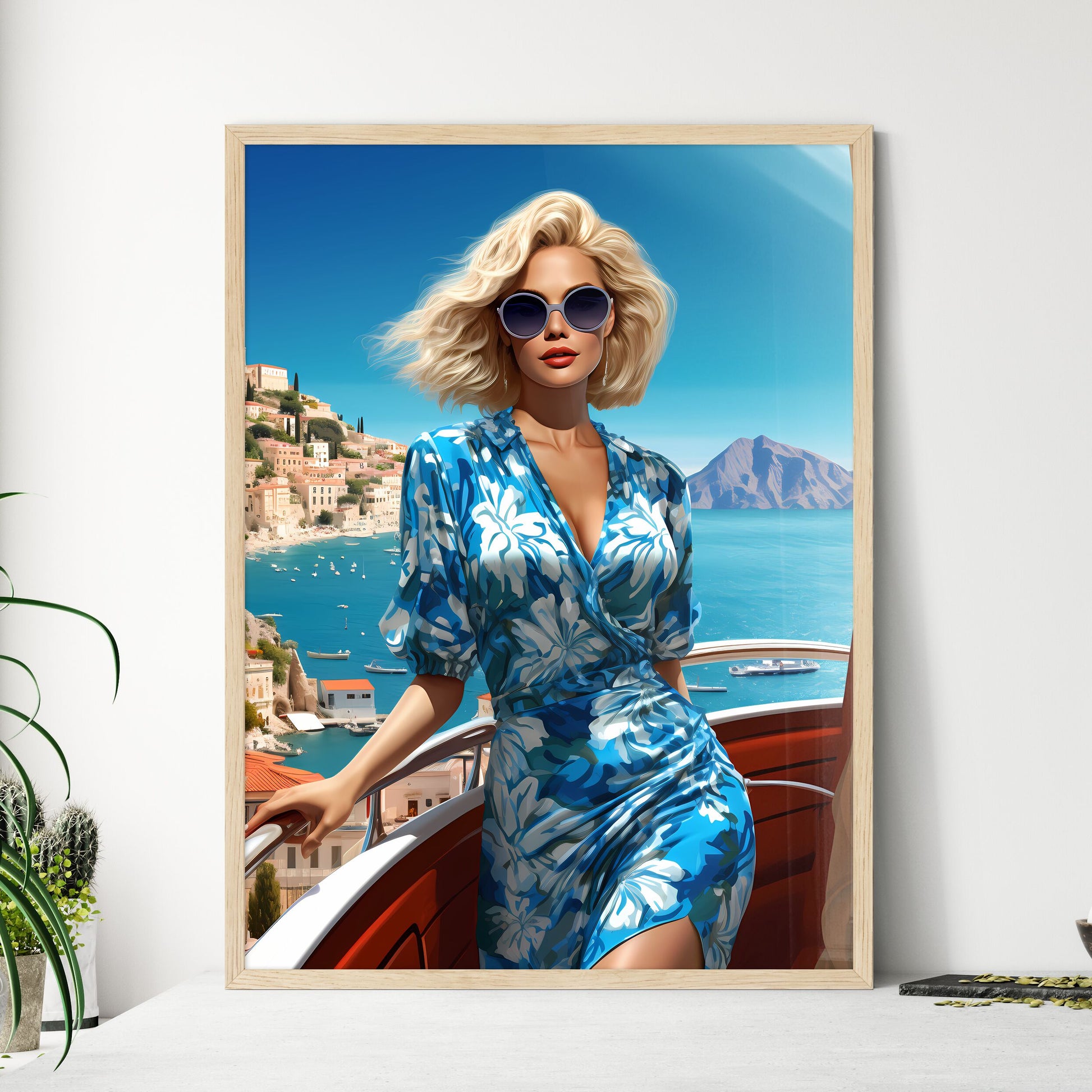 Travel Fashion - A Woman In A Blue Dress And Sunglasses On A Boat Default Title