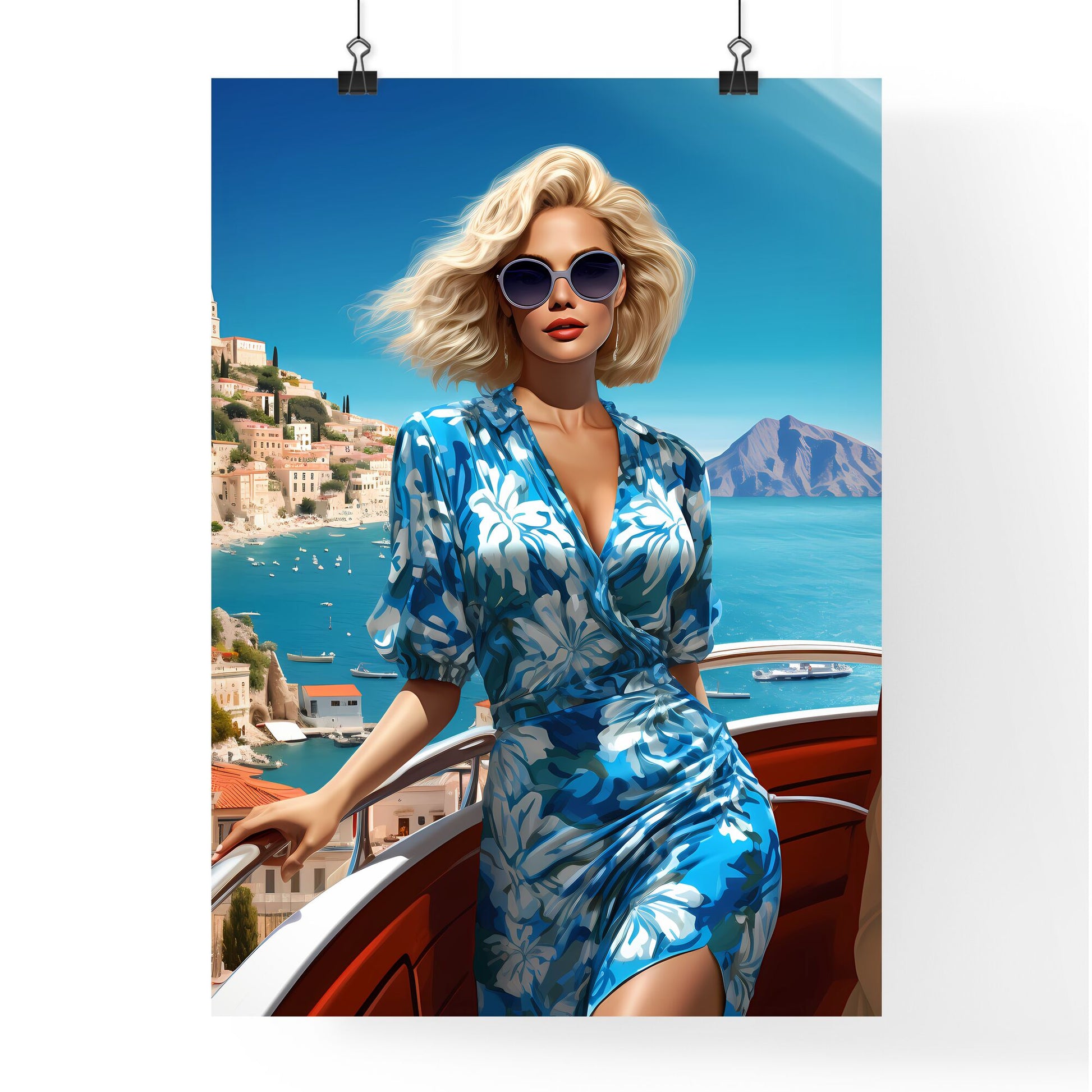 Travel Fashion - A Woman In A Blue Dress And Sunglasses On A Boat Default Title