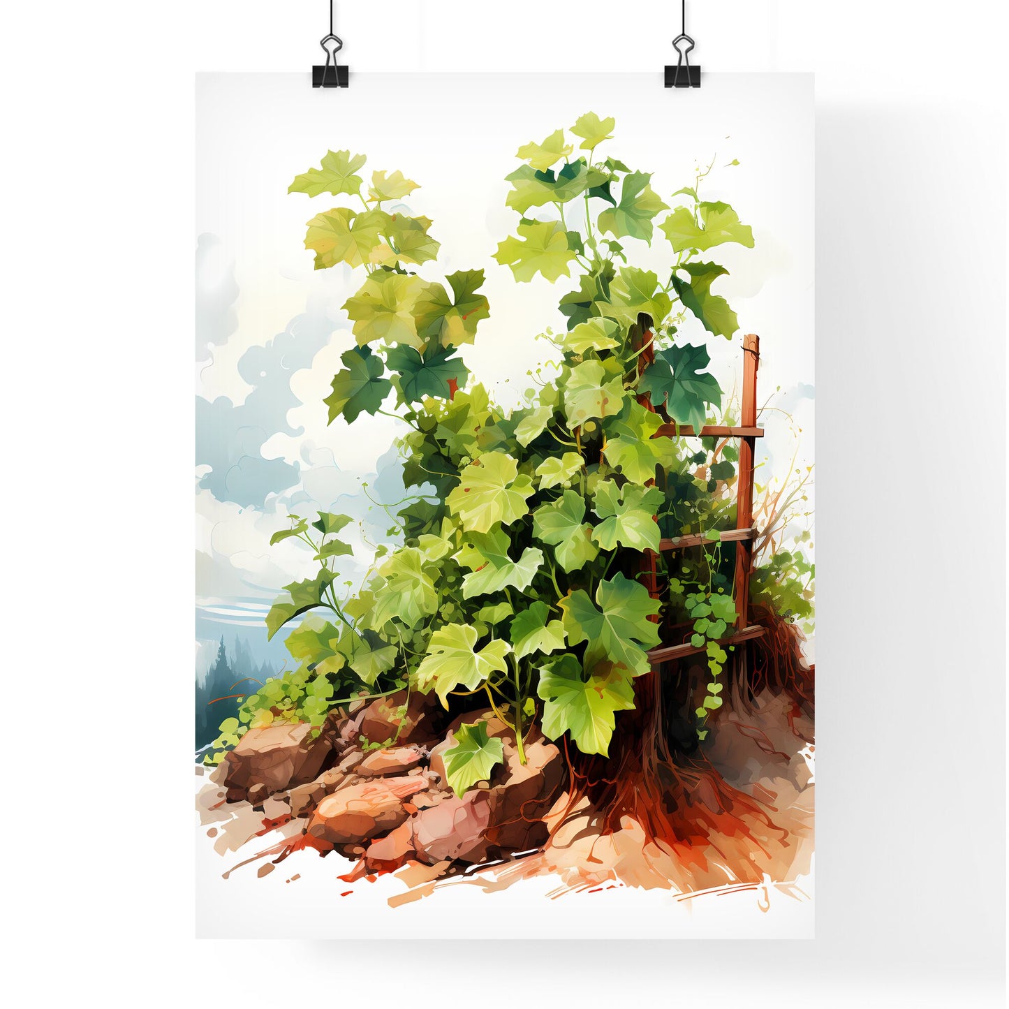 A Painting Of A Vine Growing On A Rock Default Title