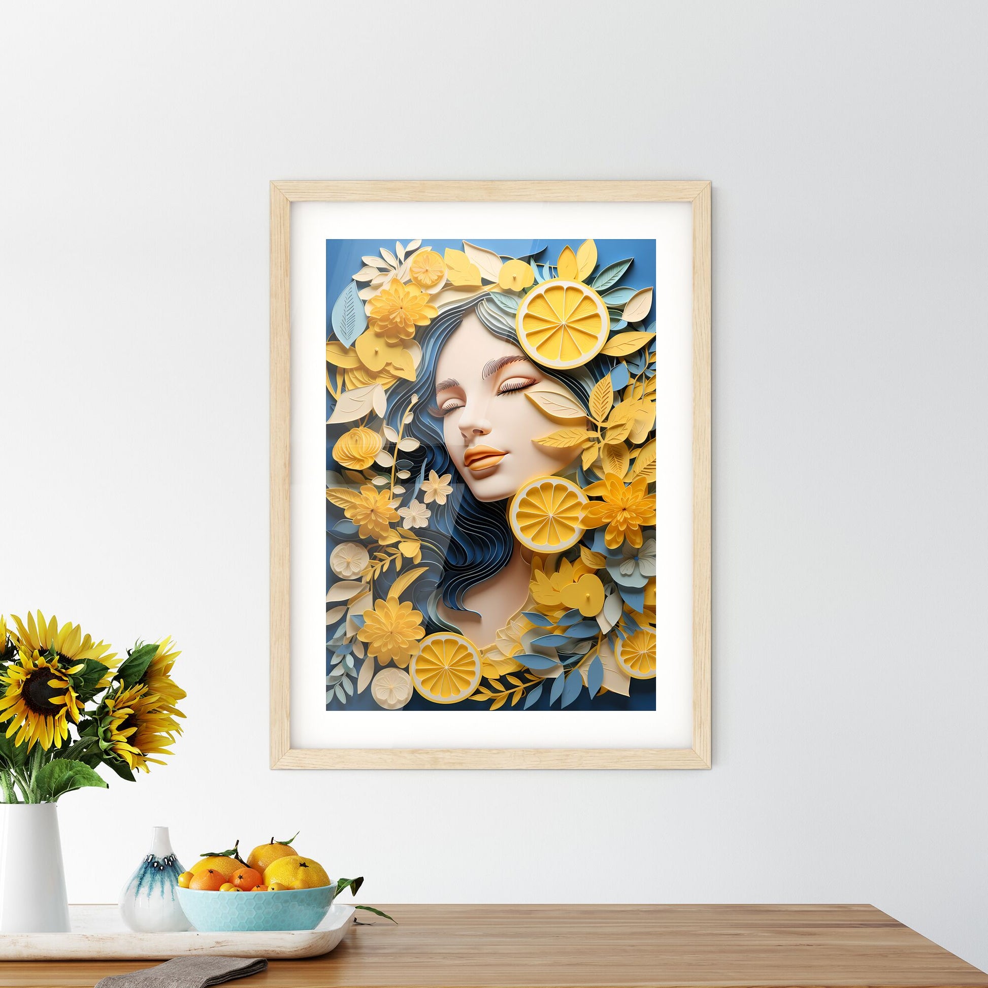 Art Composition - A Woman With Blue Hair And Yellow Flowers Default Title