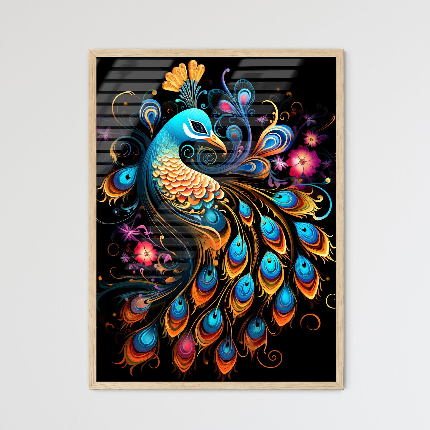A Colorful Peacock With Flowe Wall Art