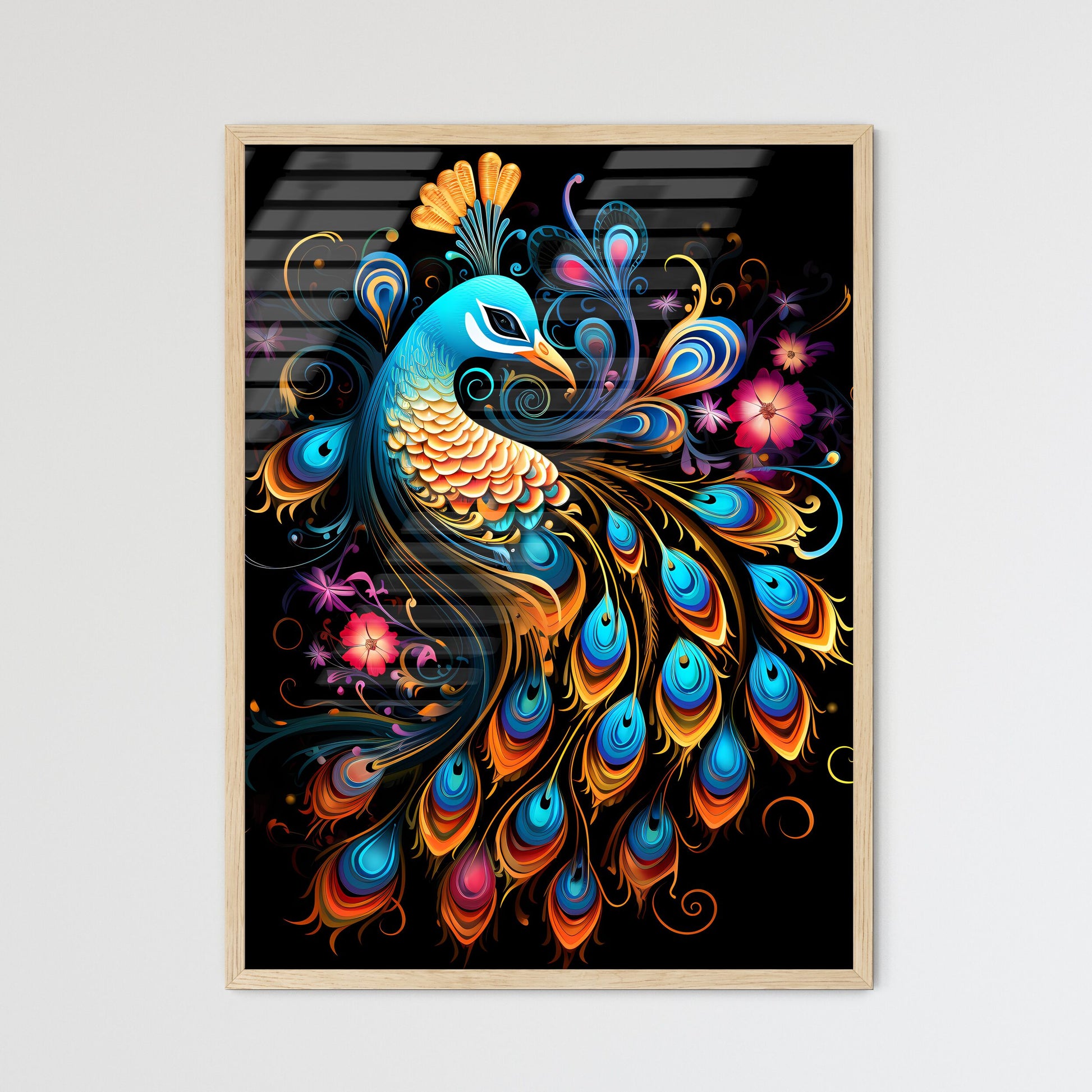 A Colorful Peacock With Flowe Wall Art