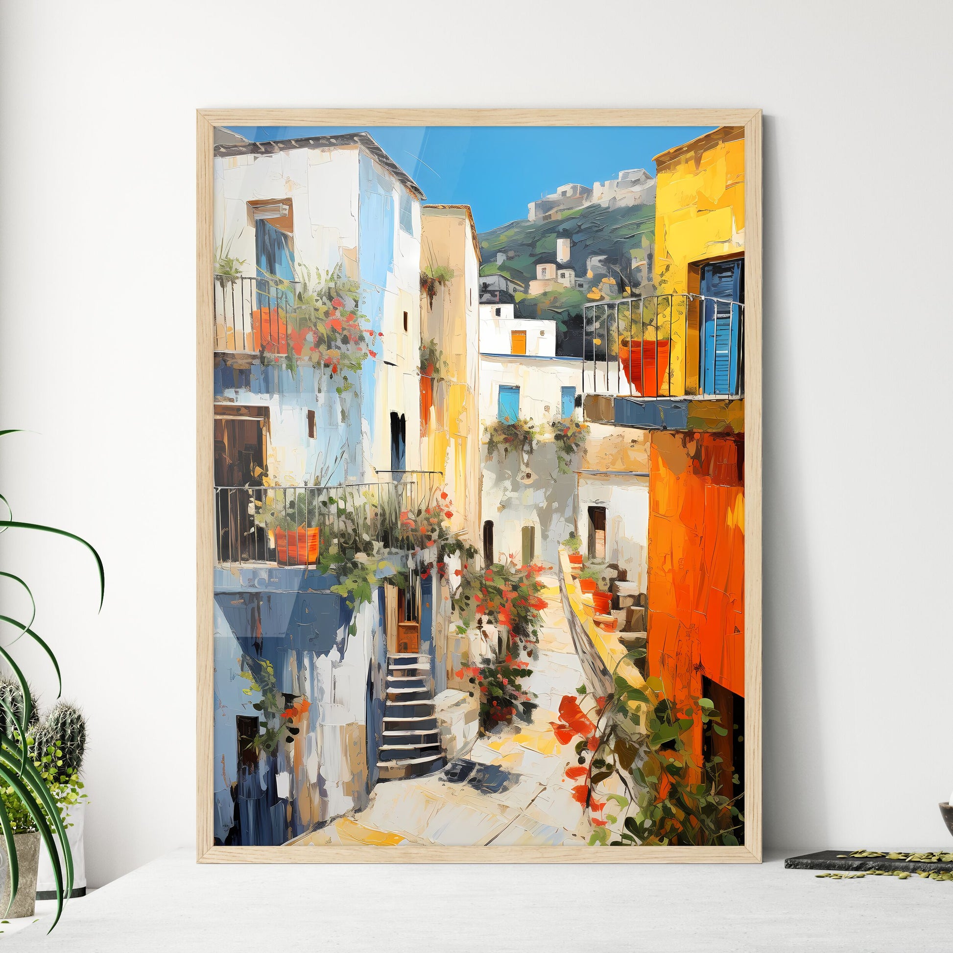 A Painting Of A Courtyard With Colorful Buildings Framed Art