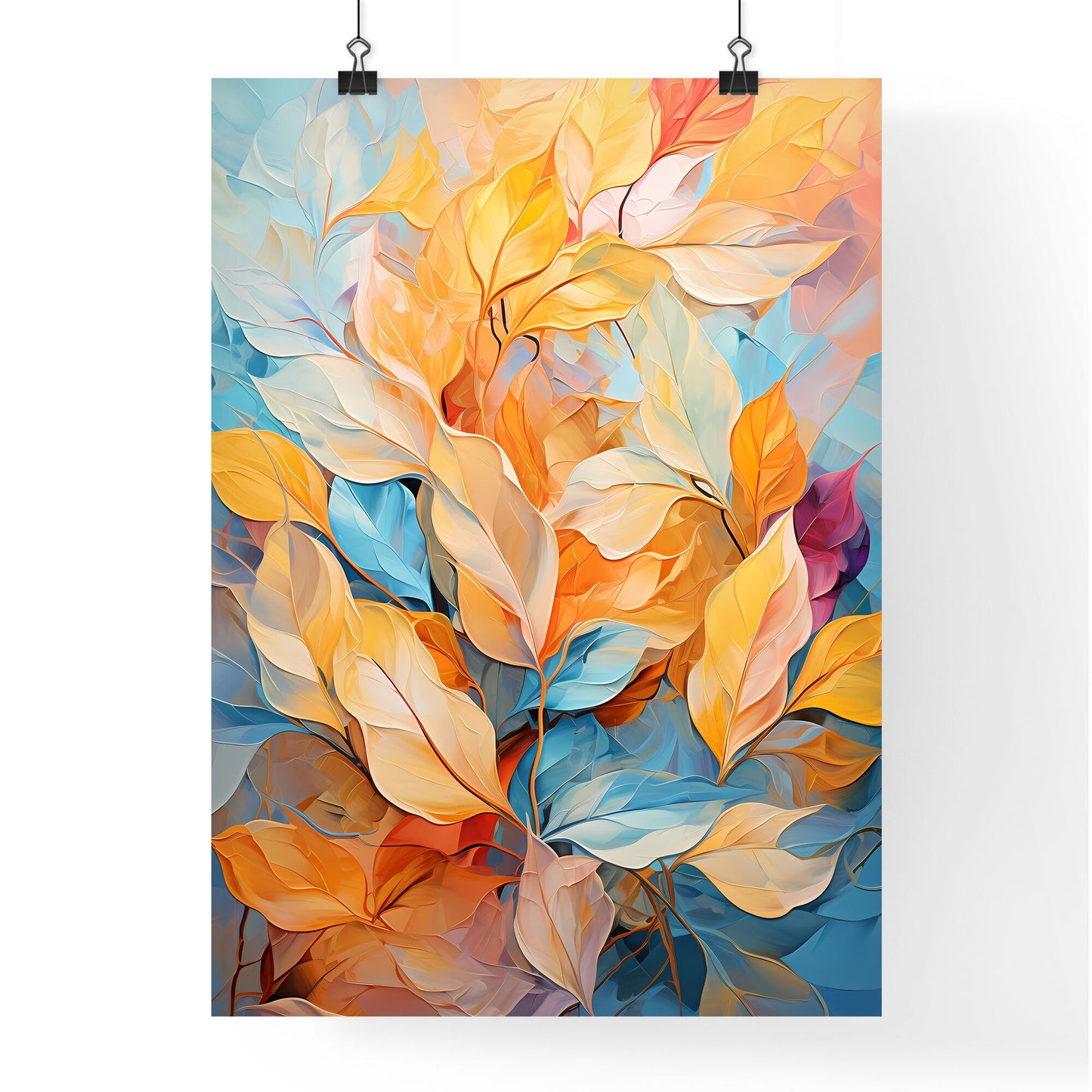 A Painting Of Leaves On A Blue Background Default Title