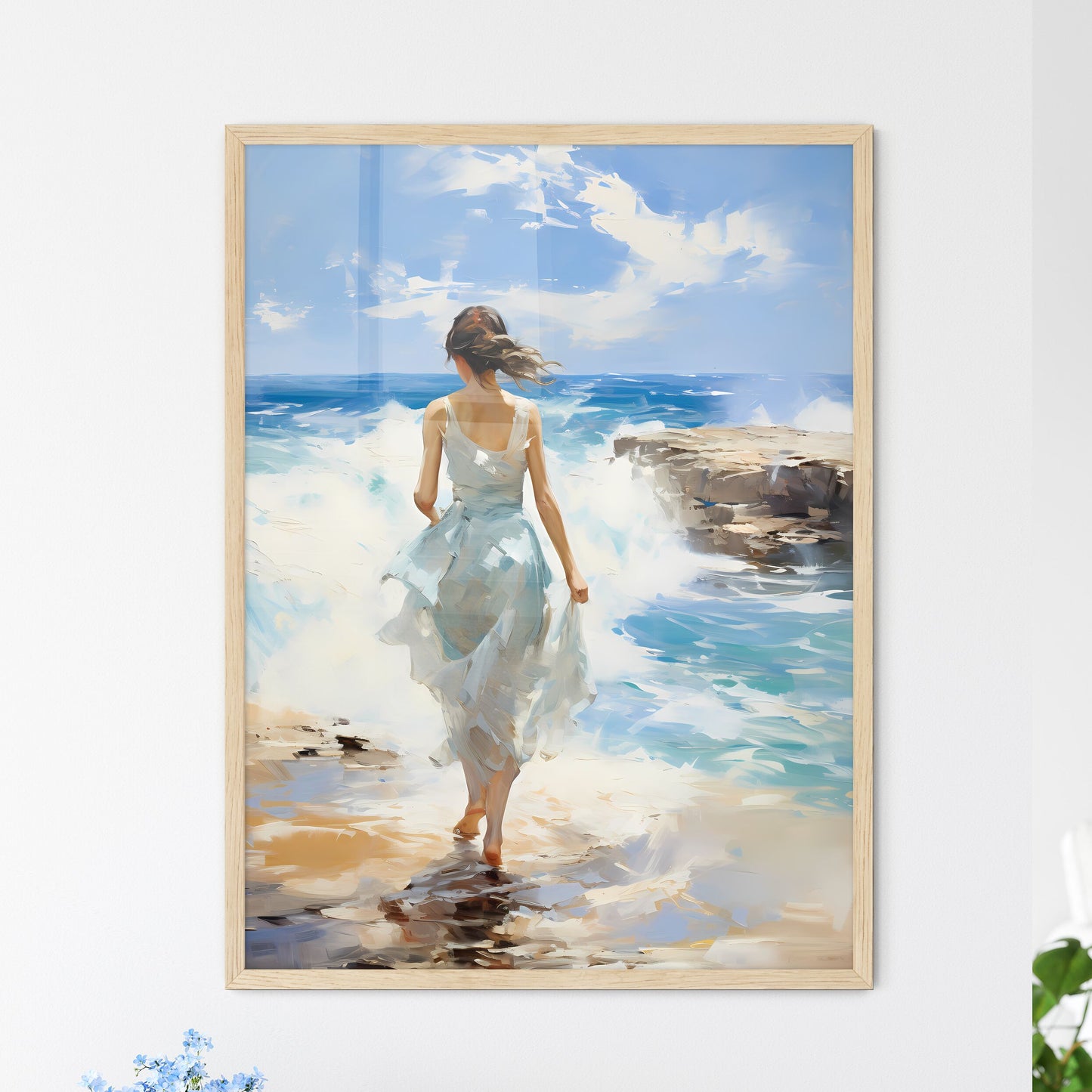 A Woman In A White Dress Walking On A Beach Default Title