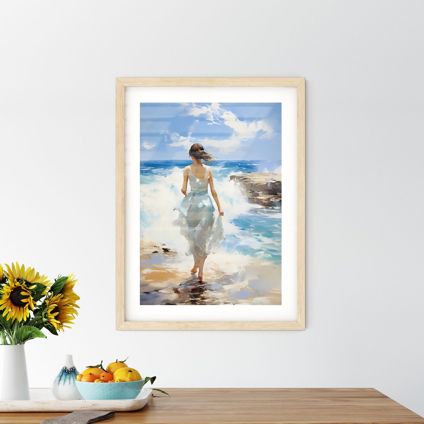 A Woman In A White Dress Walking On A Beach Default Title