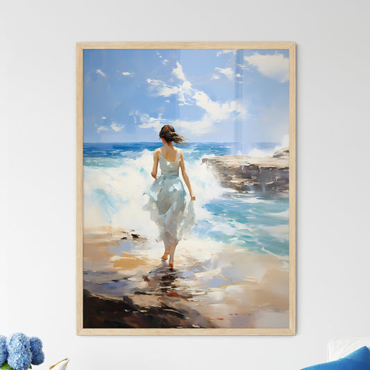 A Woman In A White Dress Walking On A Beach Default Title