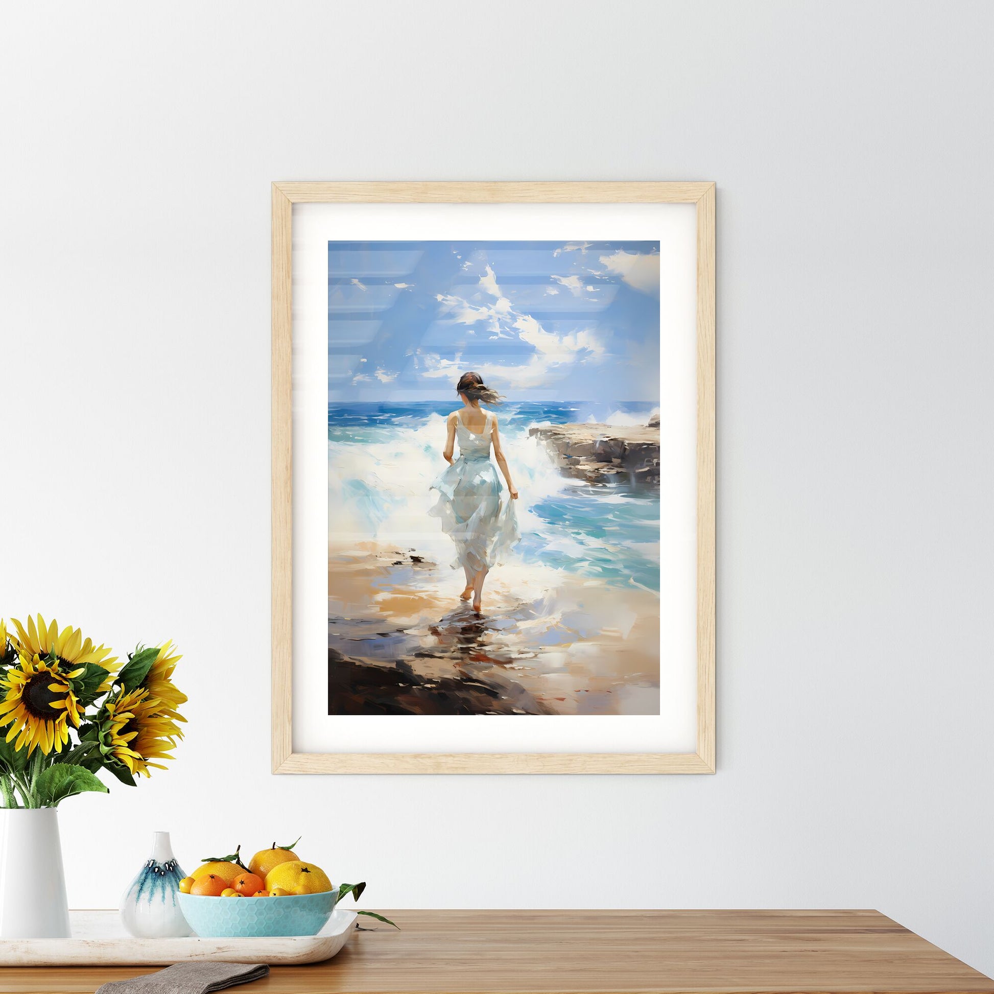 A Woman In A White Dress Walking On A Beach Default Title