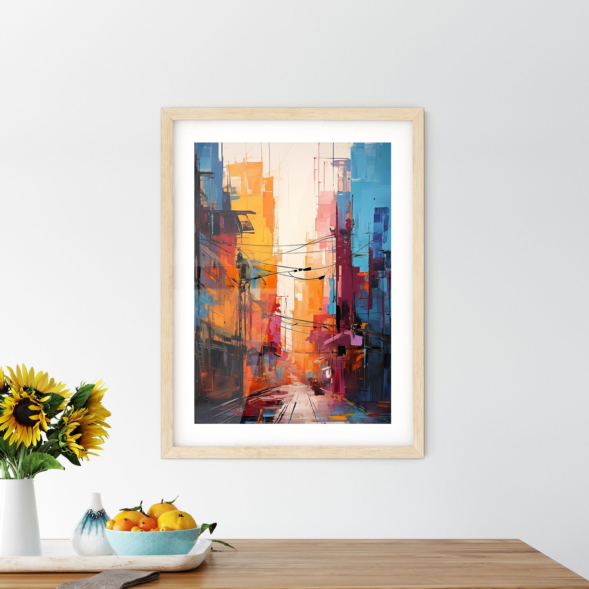 Abstract Art Of Cityscapeillustration Painting - A Painting Of A Street With Buildings And Power Lines Default Title