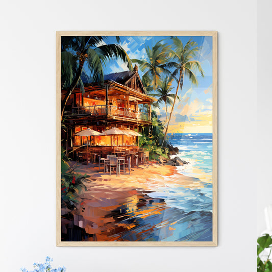 Art Summer Tropical Beach Wine Bar - A Building On A Beach With Palm Trees And A Sunset Framed Art