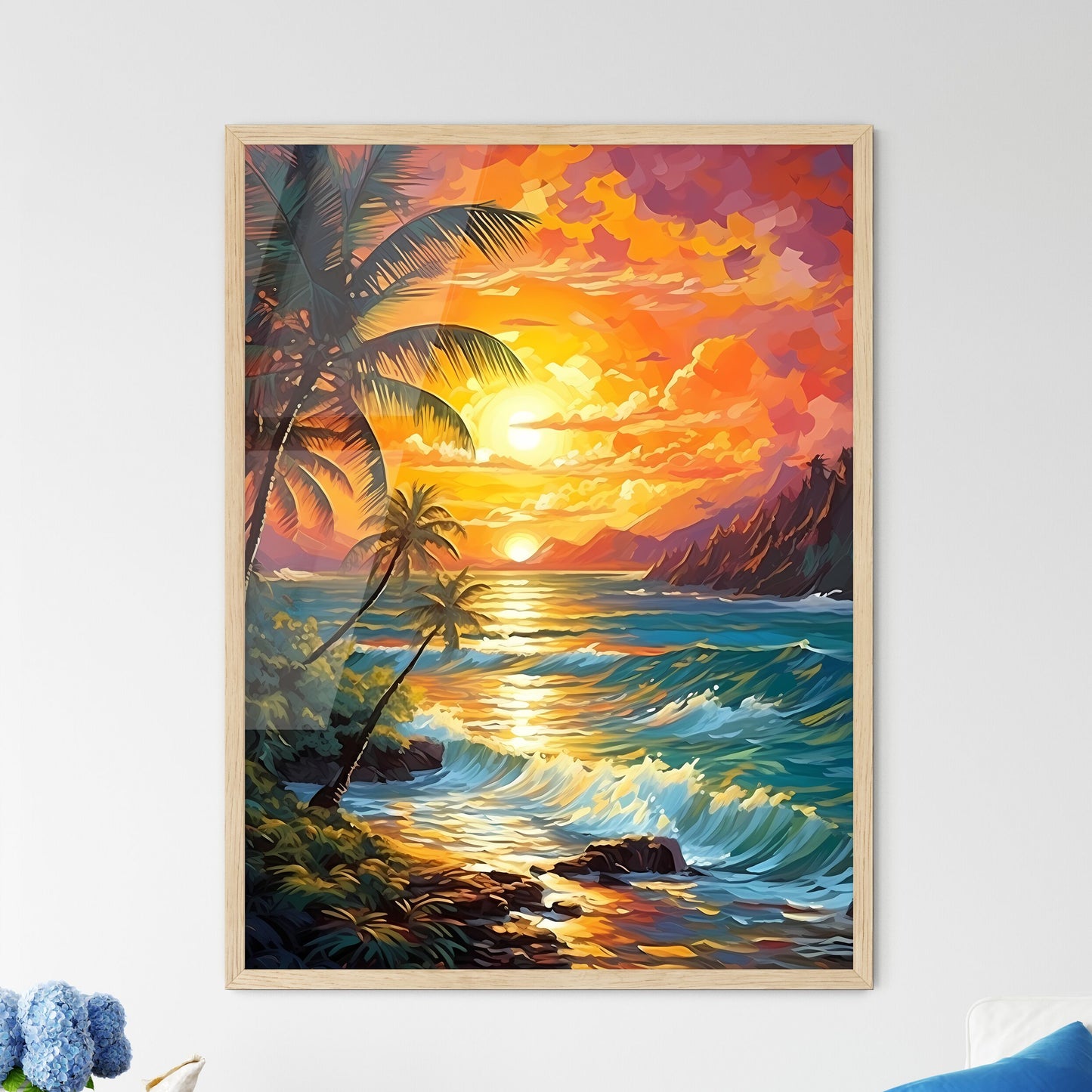 Beach Paradise Sunset With Tropical Palm Tre - Framed Art Print