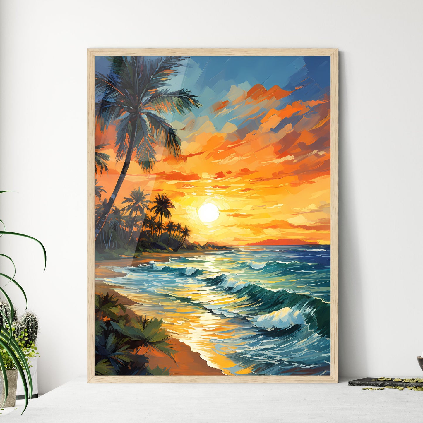 Beach Paradise Sunset With Tropical Palm Tre - Framed Art Print