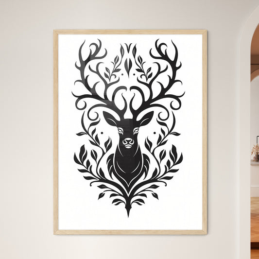 Black Silhouette Stag On White Background - A Black And White Drawing Of A Deer With Leaves Default Title