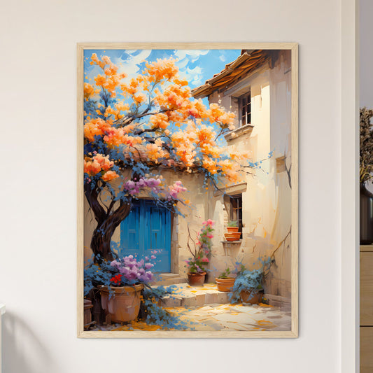 Blossoming Bush On Rural Surburb - A Tree With Orange And Purple Flowers In Front Of A Building Framed Art