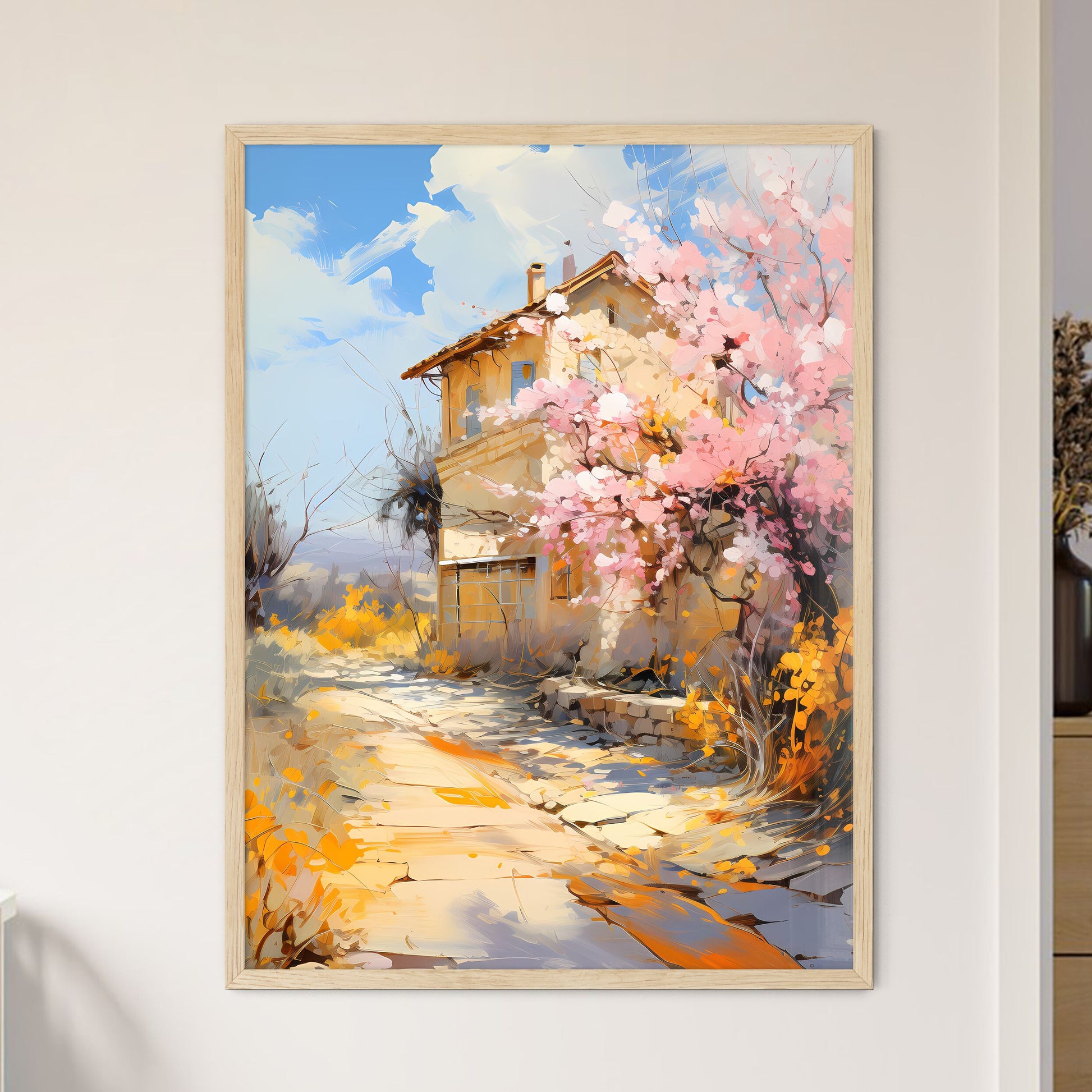 Blossoming Bush On Rural Surburb - A House With Pink Flowers On The Side Framed Art