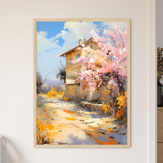 Blossoming Bush On Rural Surburb - A House With Pink Flowers On The Side Framed Art