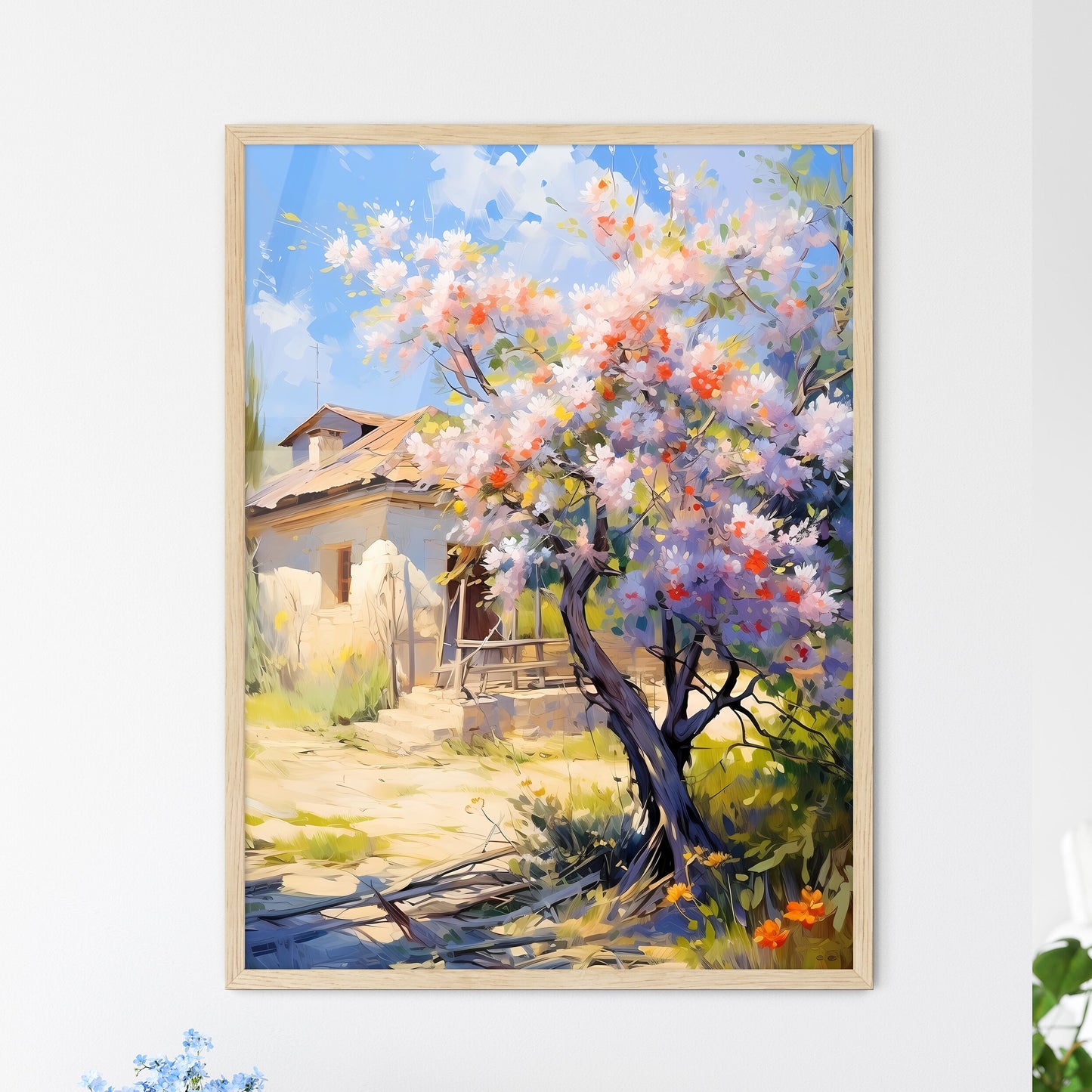 Blossoming Bush On Rural Surburb - A Tree With Pink Flowers In Front Of A House Framed Art