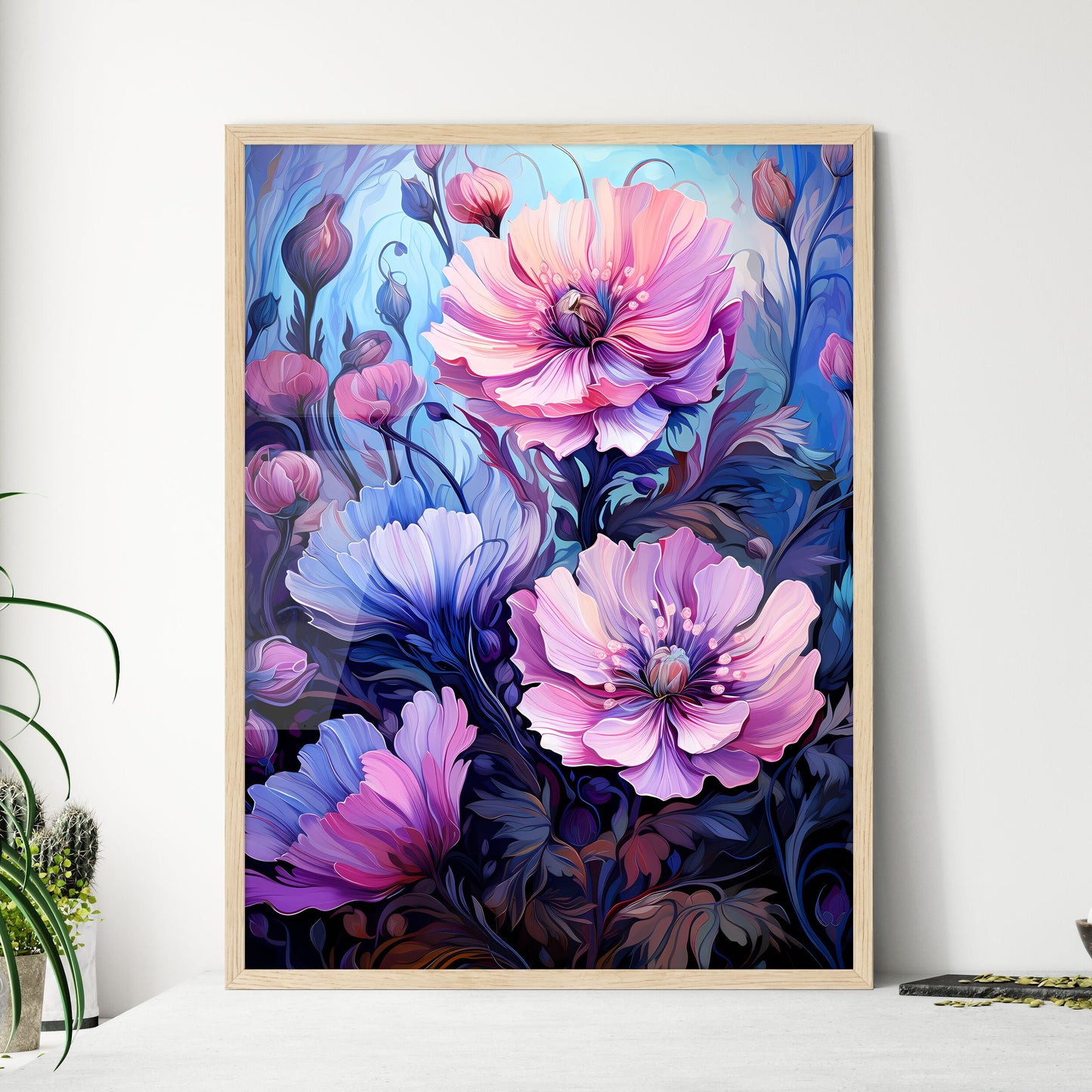 Blue Flowers For Window Curtain Or Fabric -  - Framed Art Print