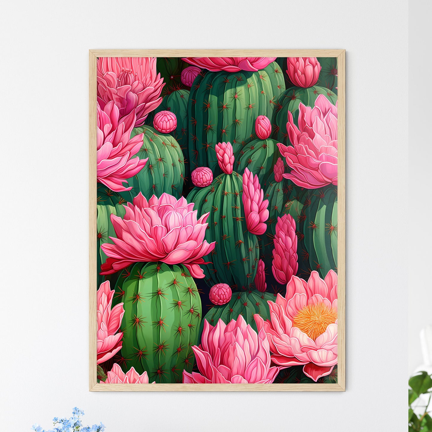 Cactuses Green On Pink Vector Seamless Patte - Framed Art Print