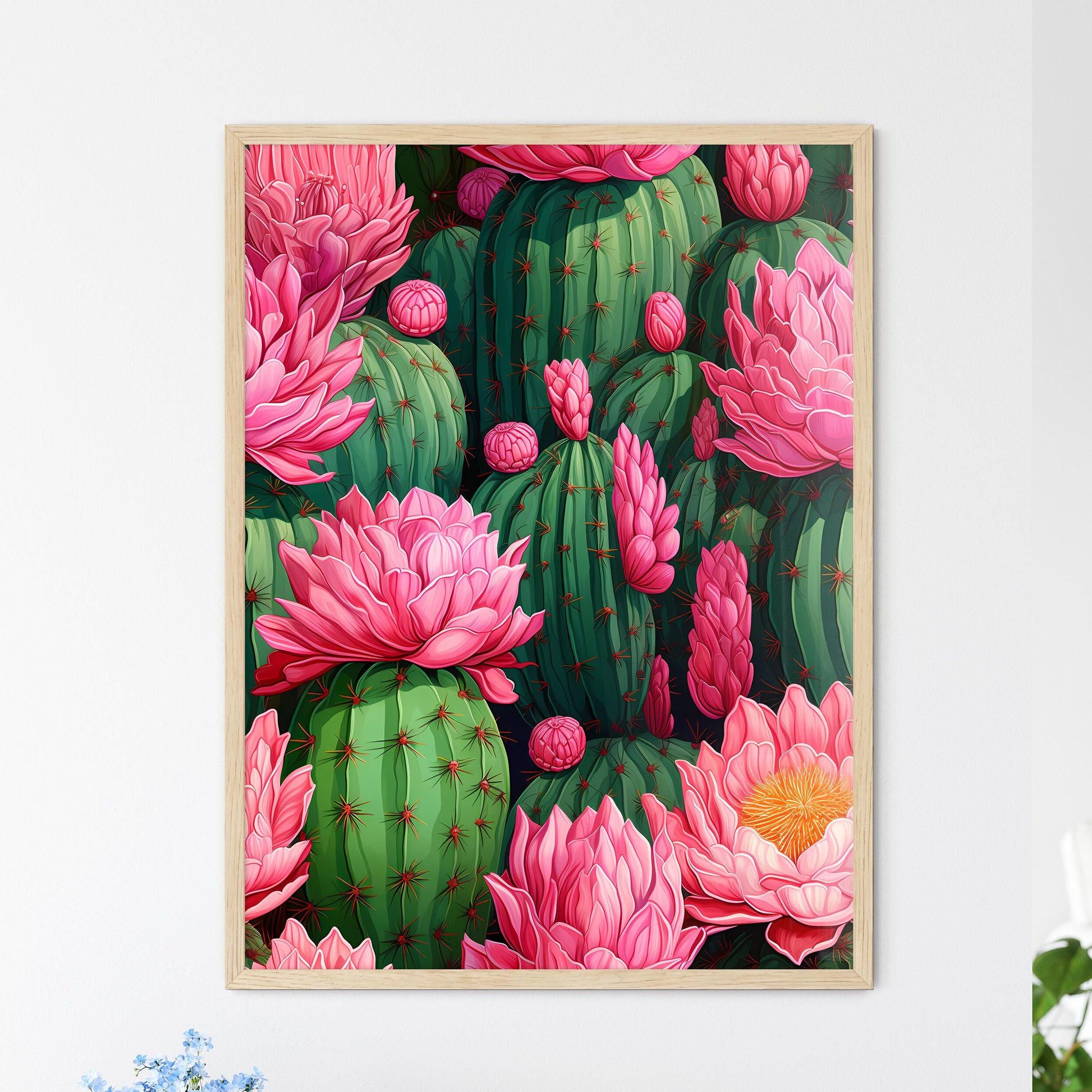 Cactuses Green On Pink Vector Seamless Patte - Framed Art Print