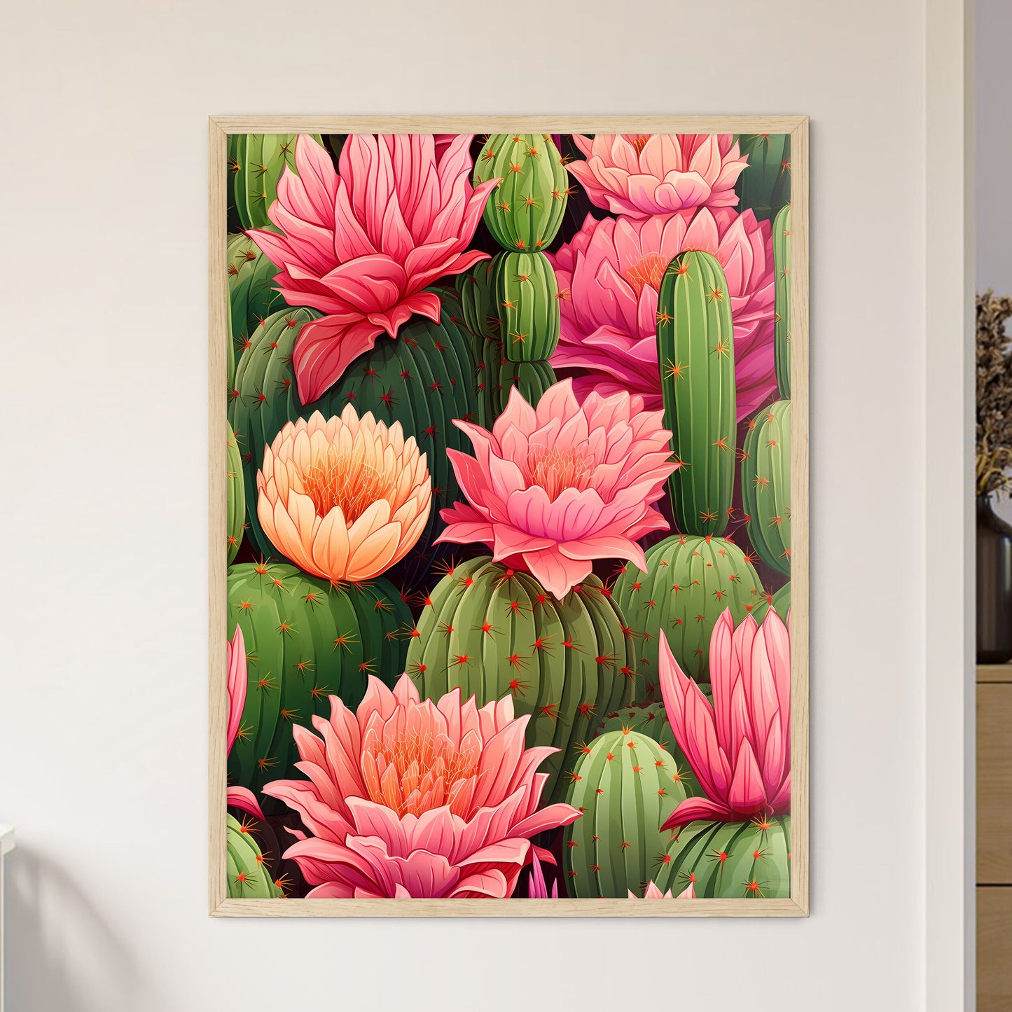 Cactuses Green On Pink Vector Seamless Patte - Framed Art Print
