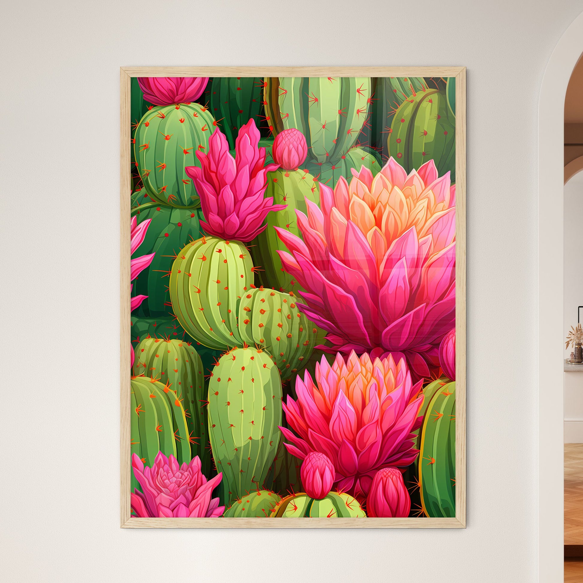 Cactuses Green On Pink Vector Seamless Patte - Framed Art Print