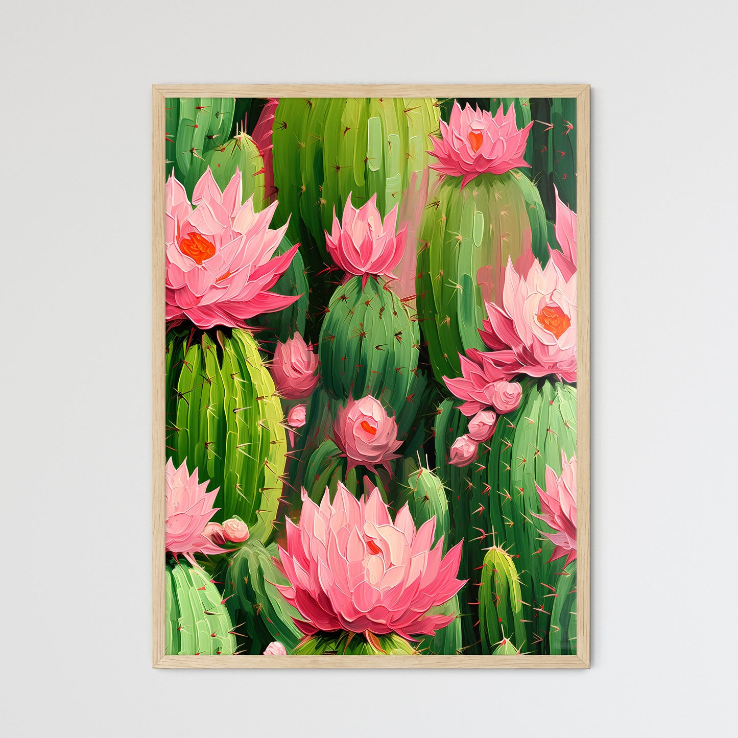 Cactuses Green On Pink Vector Seamless Patte - Framed Art Print