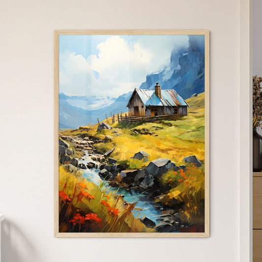 Celand. Old Farmer Houses Near Skaftafell - A House In A Valley With A Stream Framed Art