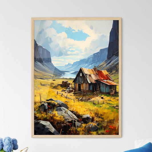 Celand. Old Farmer Houses Near Skaftafell - A House In A Valley With Mountains And A River Framed Art
