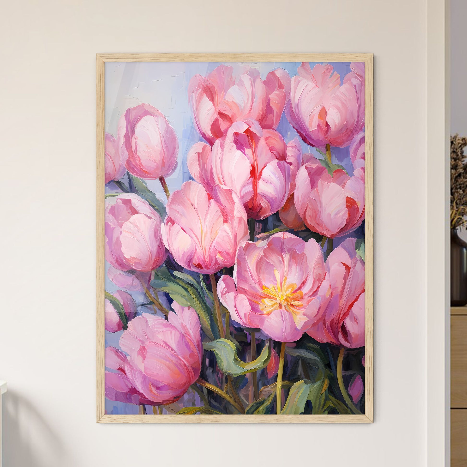 Close-Up Of Lots Of Pink Tulips - A Painting - Framed Art Print