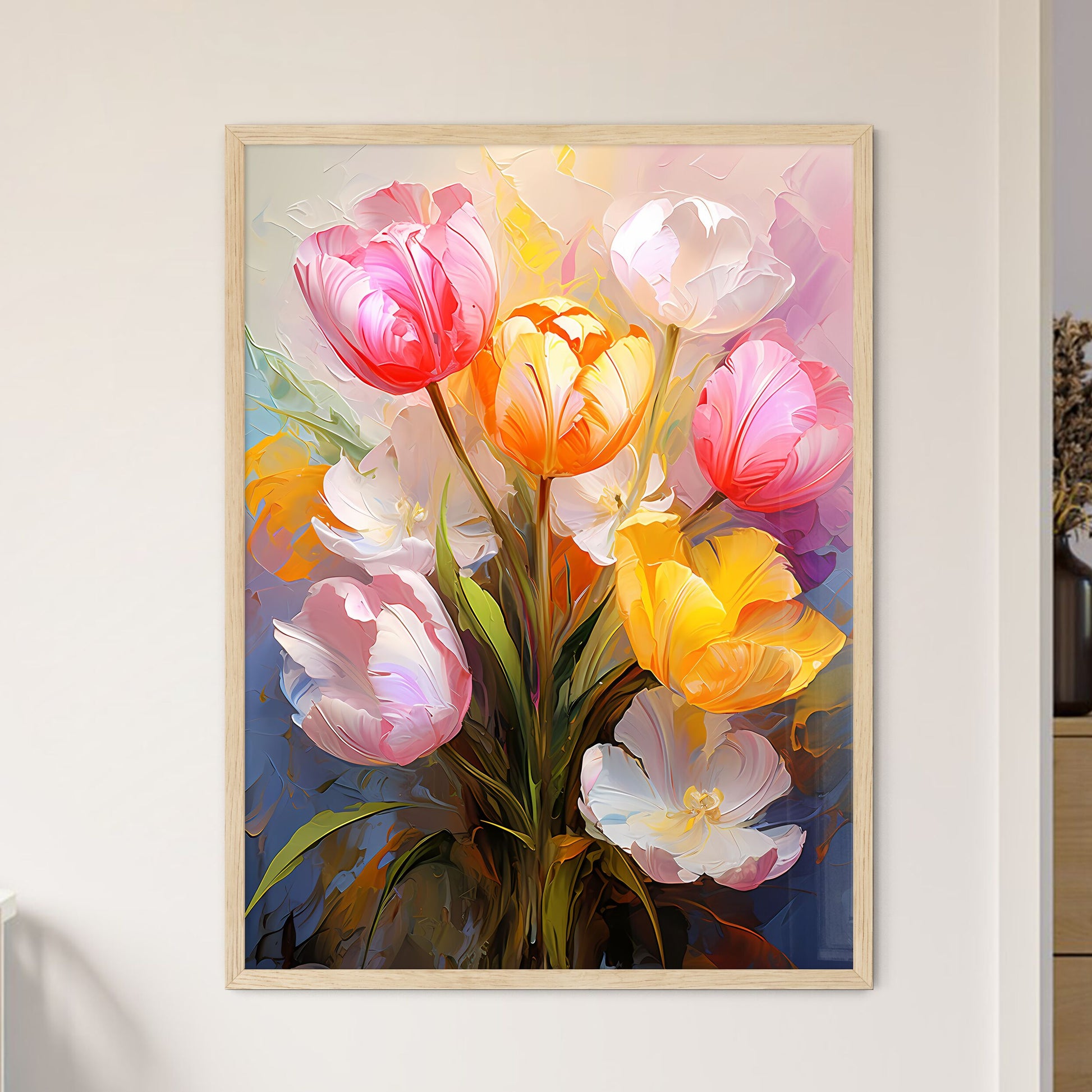 Colorful Fresh Spring Tulips Flowers With De - Framed Art Print