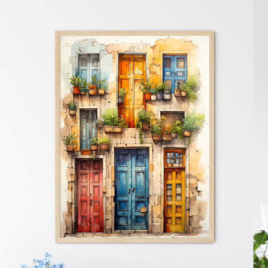 Compilation Of Old Doors - A Watercolor Painting Of A Building With Many Doors And Potted Plants Framed Art