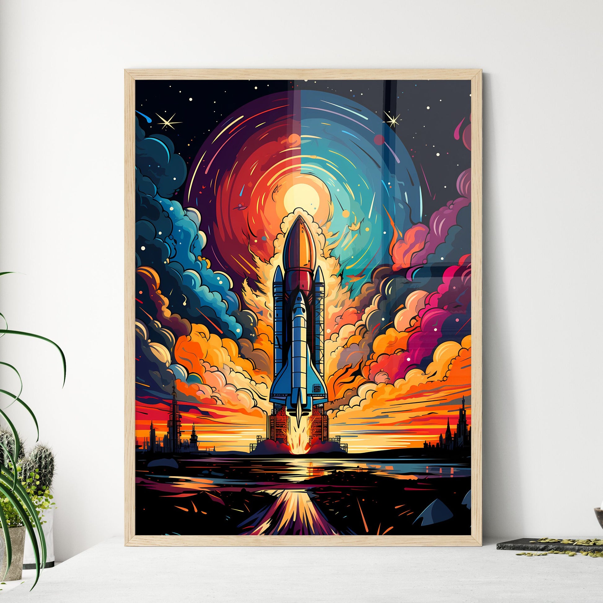 Creative Concept. Rocket Launch Education Doodles - A Space Shuttle Taking Off With Fremont Street Experience In The Background Framed Art