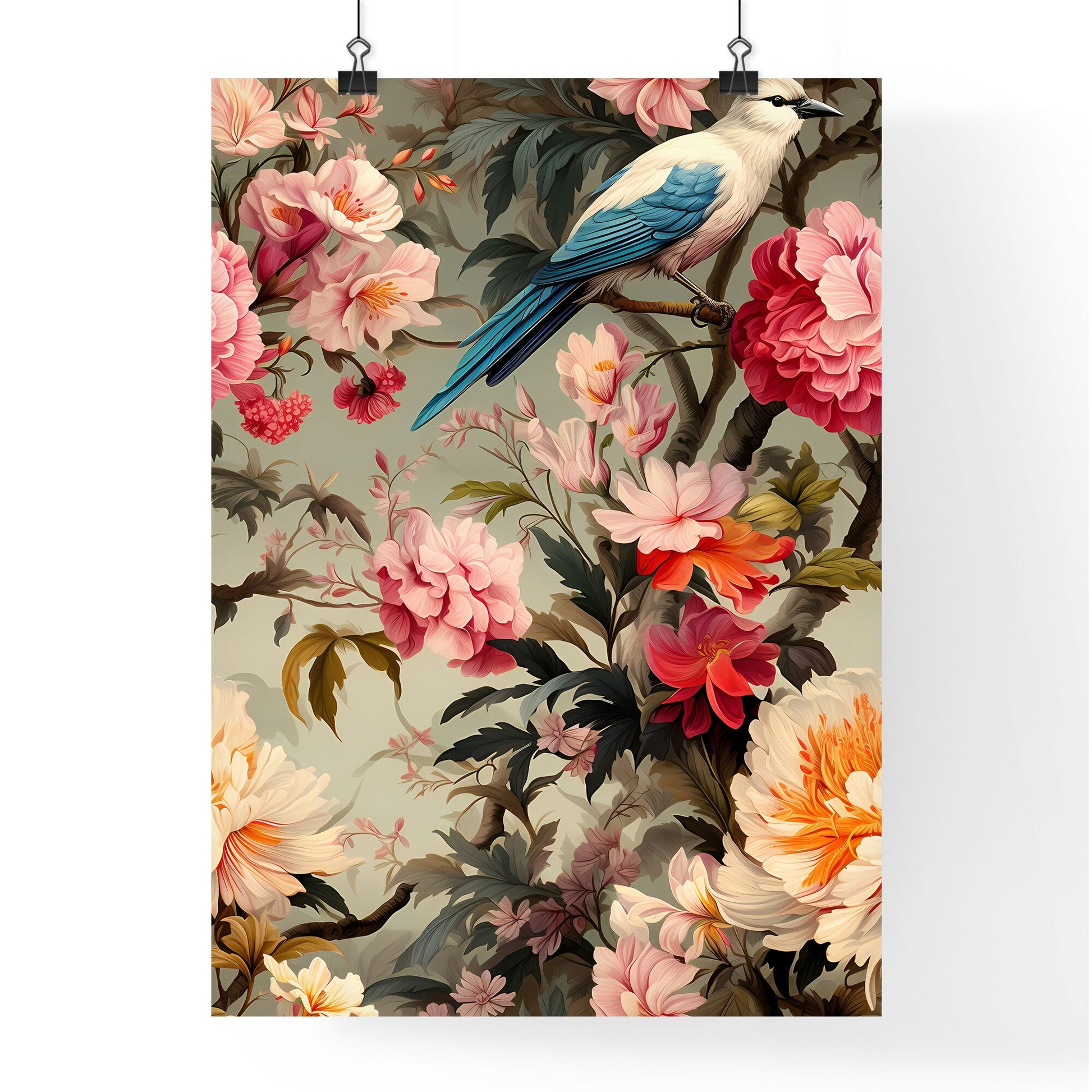 Foliate Pattern With Birds - A Bird On A Branch With Flowers Default Title