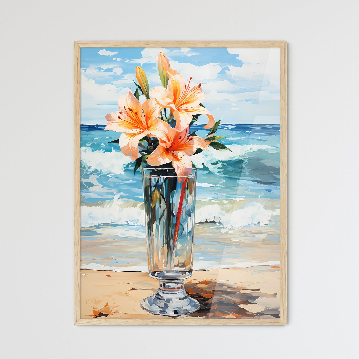 Glass Of Cocktail With Lily Flower At The Be - Framed Art Print