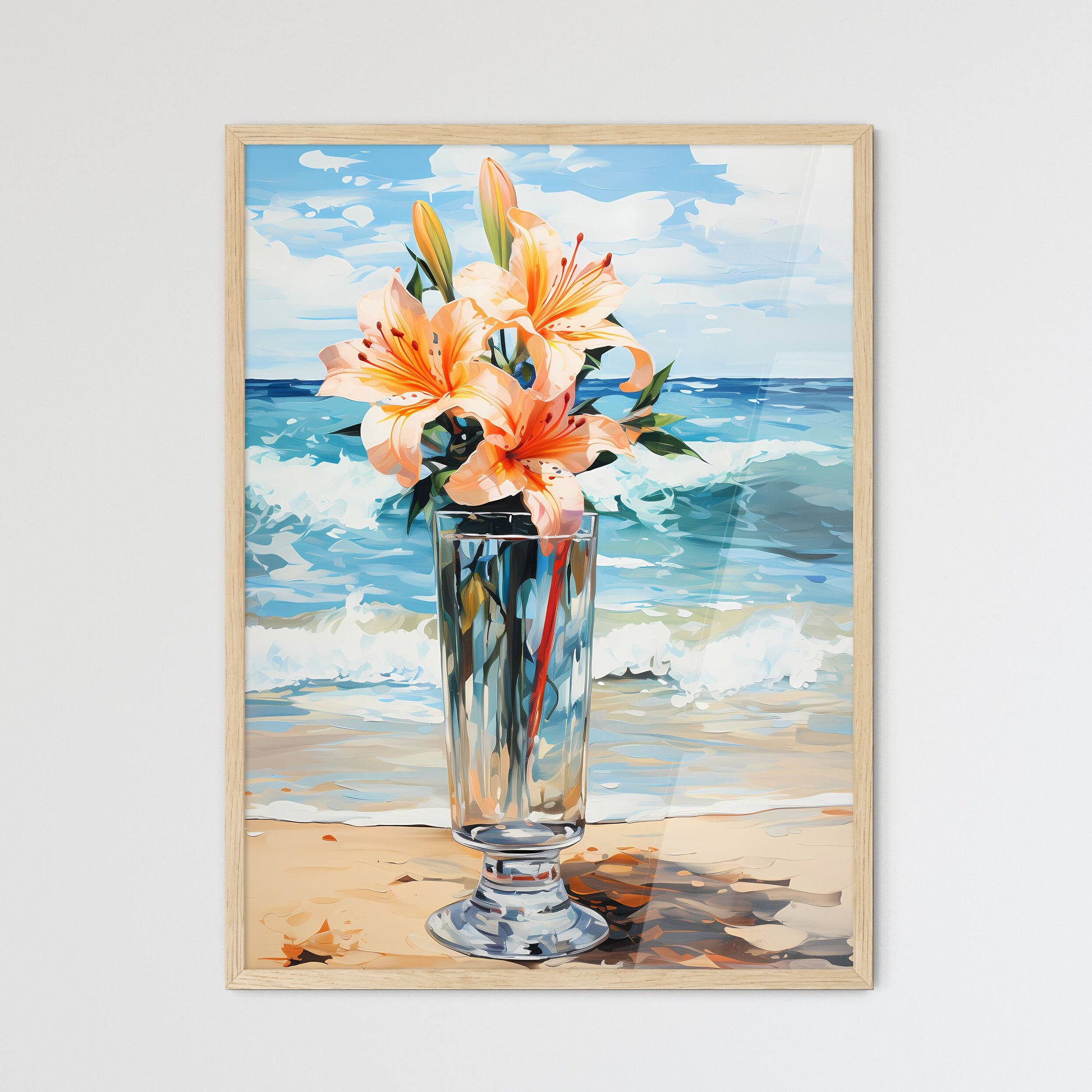 Glass Of Cocktail With Lily Flower At The Be - Framed Art Print