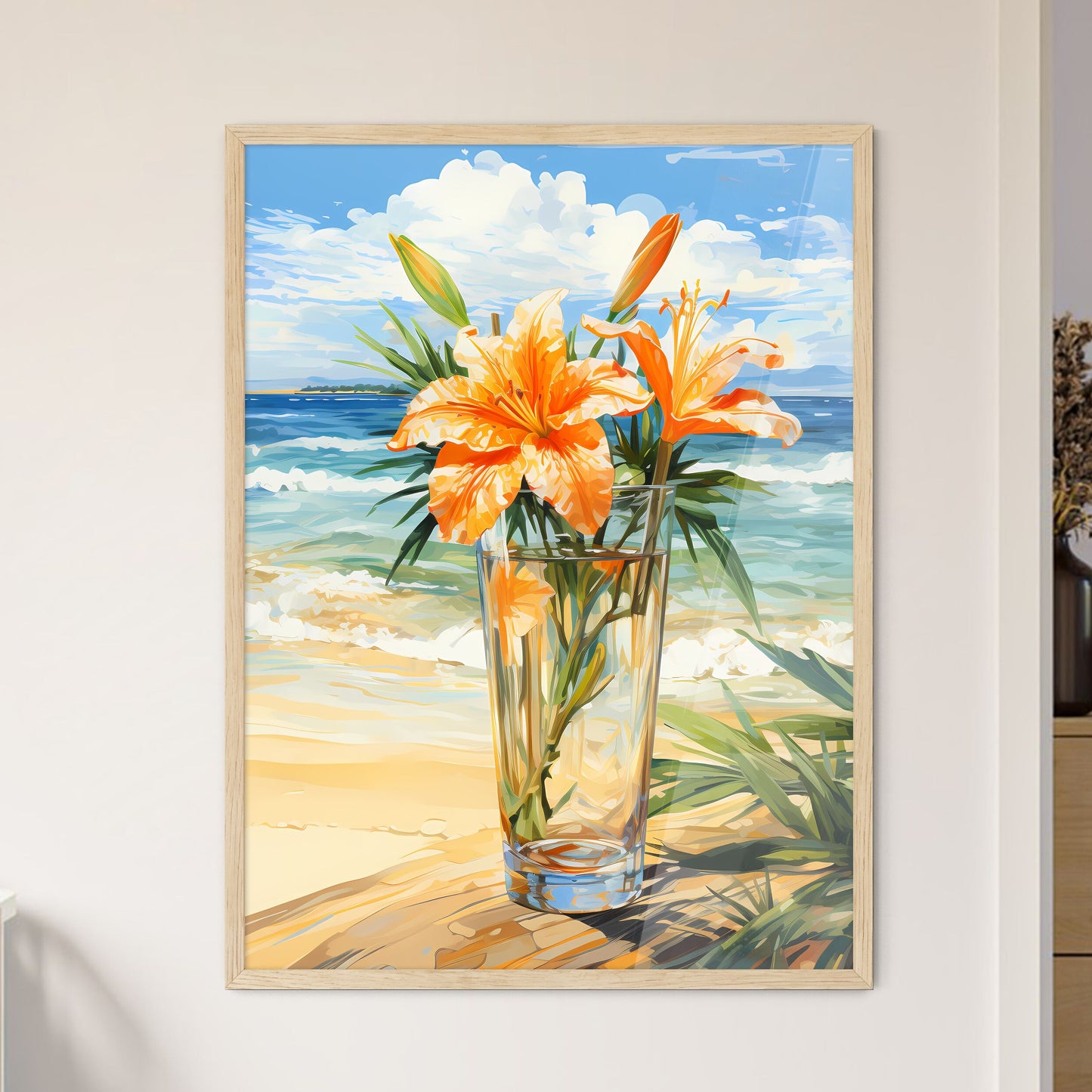 Glass Of Cocktail With Lily Flower At The Be - Framed Art Print