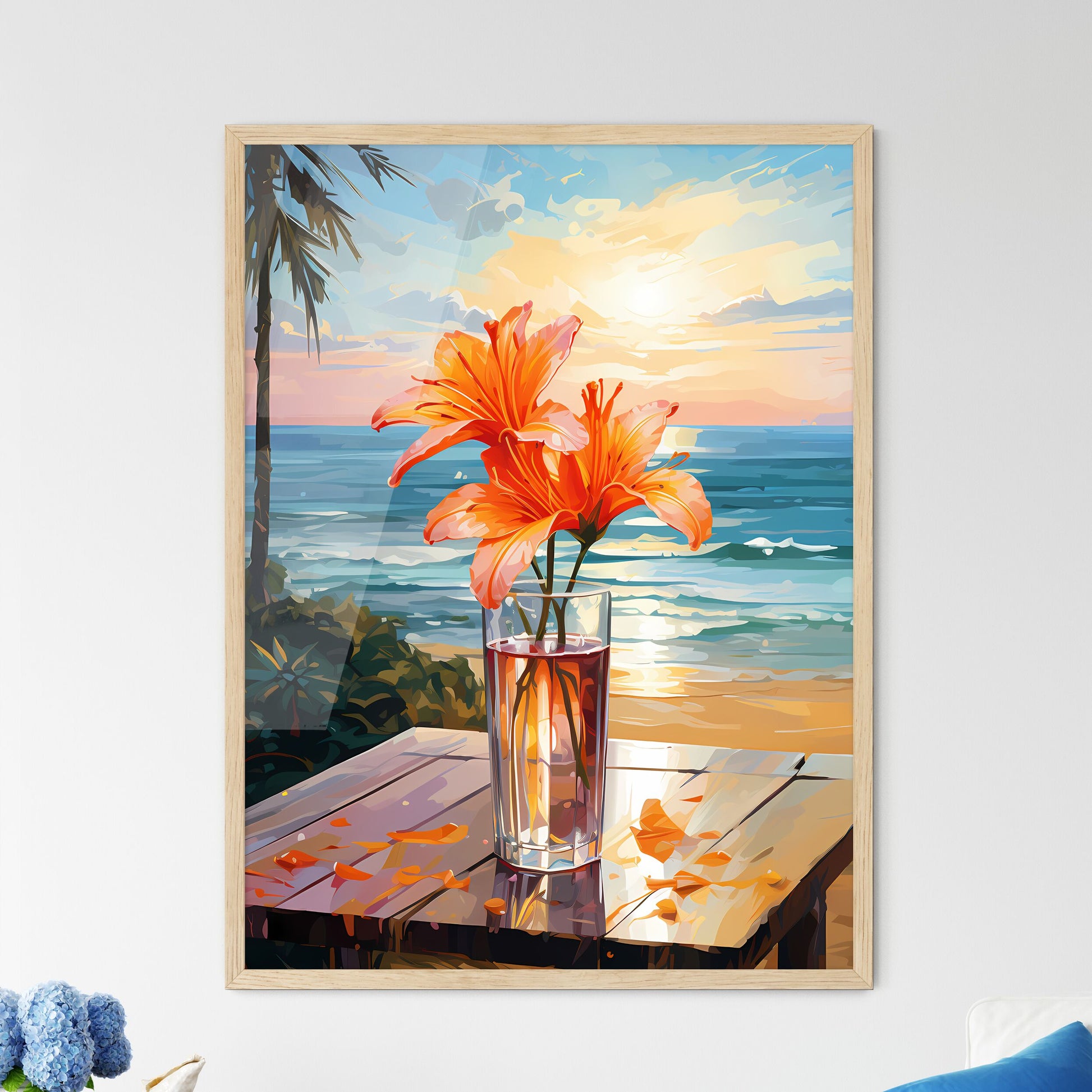 Glass Of Cocktail With Lily Flower At The Be - Framed Art Print