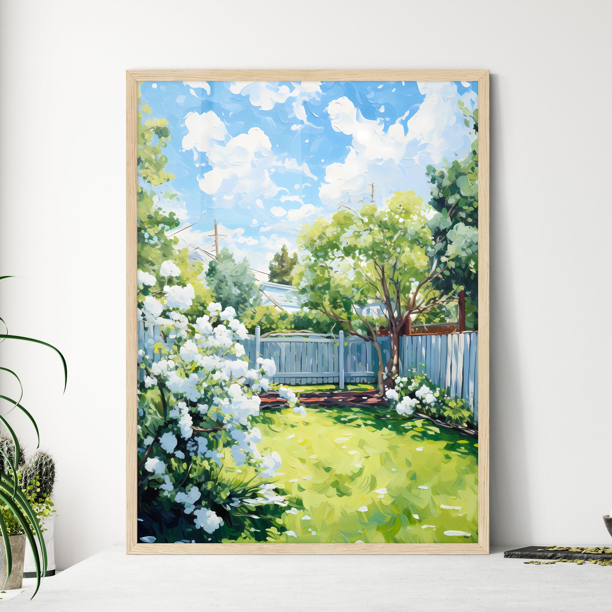 Green Large Fenced Backyard With Lawn Trees  - Framed Art Print