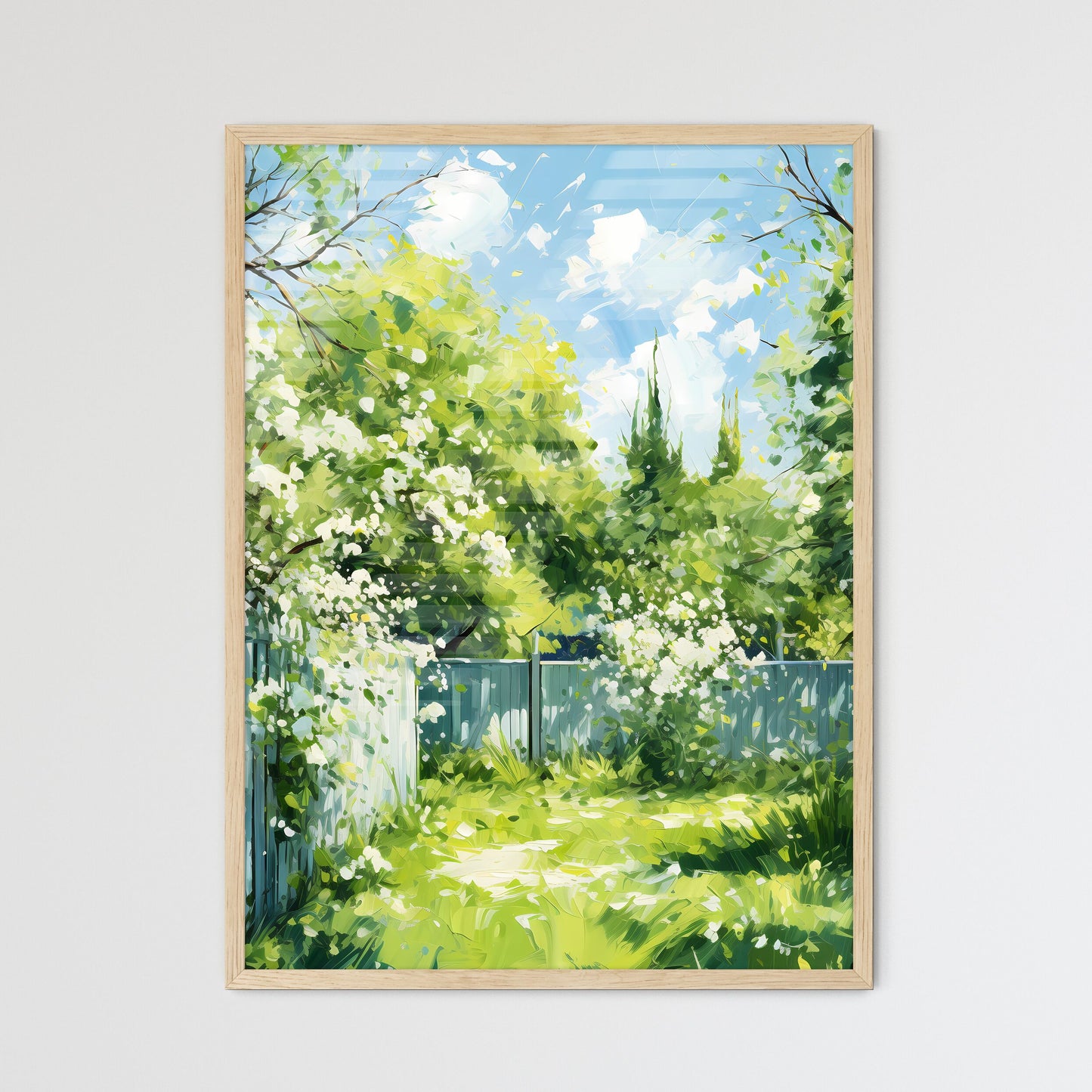 Green Large Fenced Backyard With Lawn Trees  - Framed Art Print