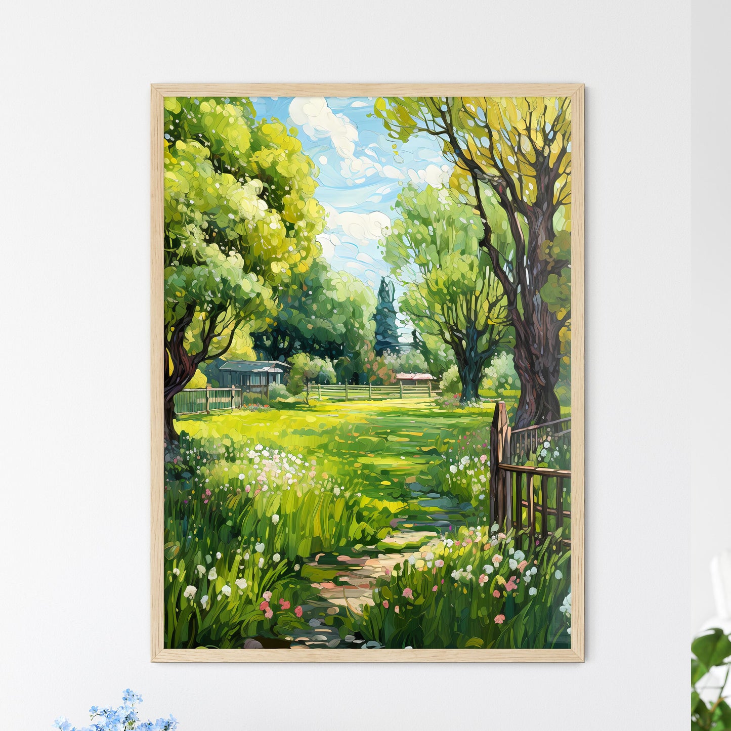 Green Large Fenced Backyard With Lawn Trees  - Framed Art Print