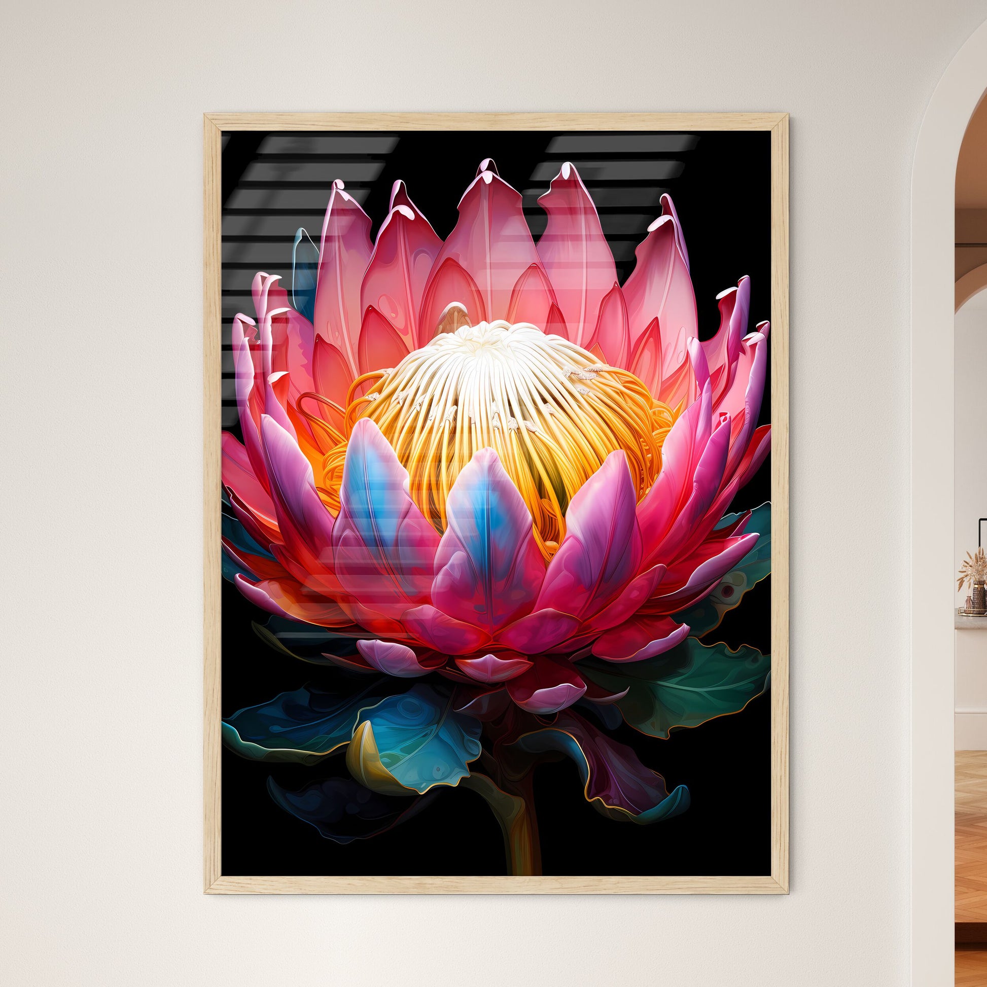 King Protea Isolated On Black Background Cen - Framed Art Print