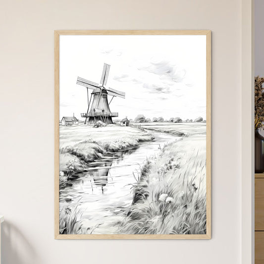 Landscape With Windmill Black And White - A  - Framed Art Print