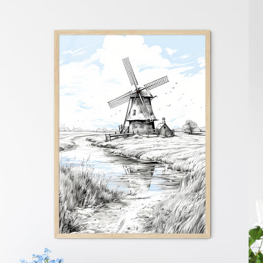 Landscape With Windmill Black And White - A Windmill In A Field Framed Art