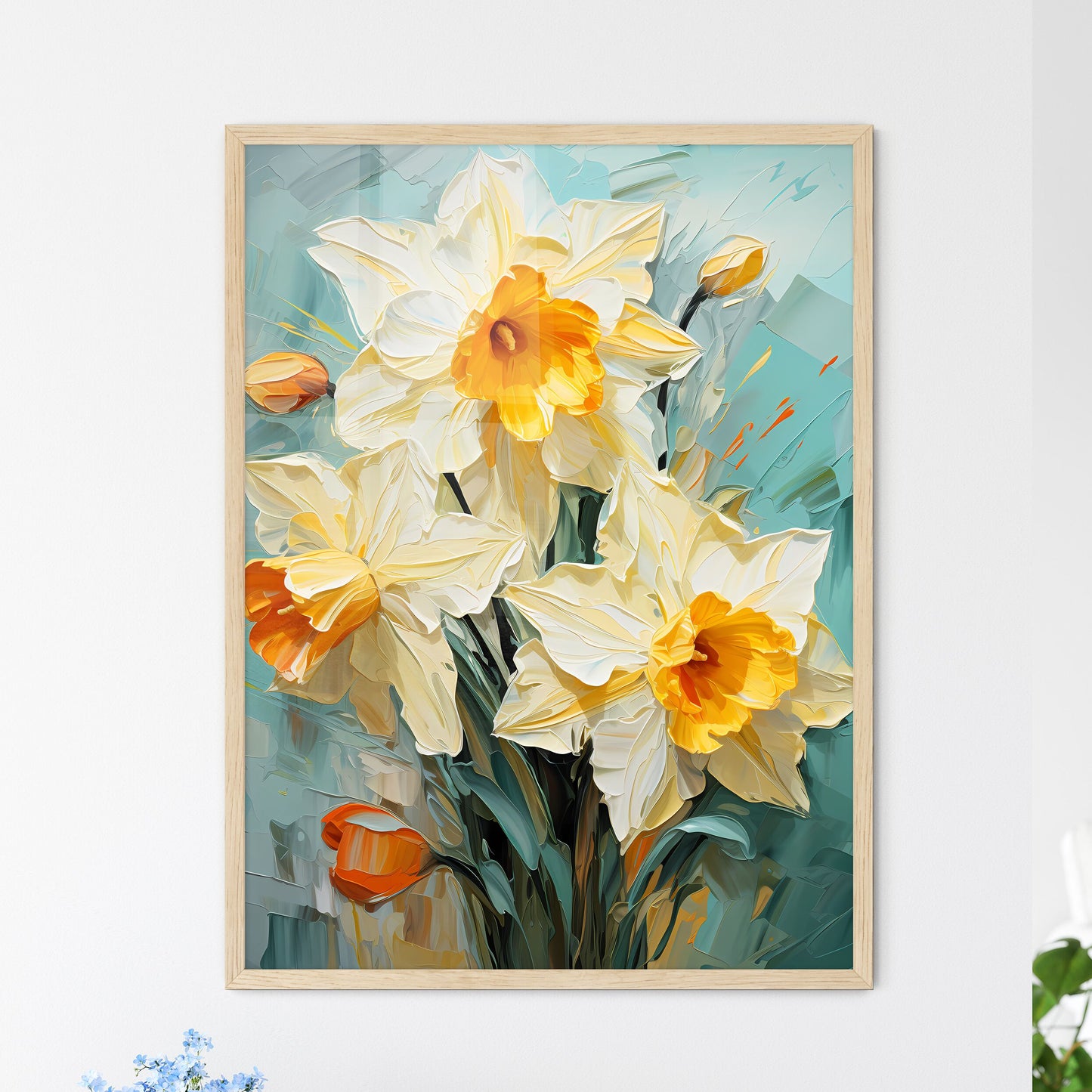 Lovely Yellow Daffodil Flowers On Green Back - Framed Art Print