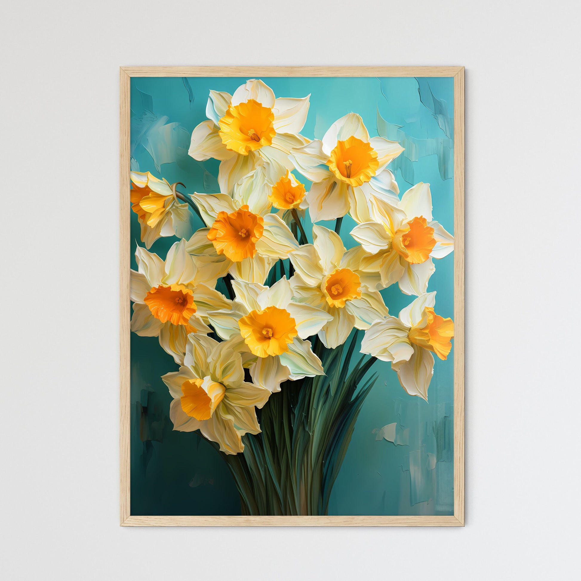 Lovely Yellow Daffodil Flowers On Green Back - Framed Art Print