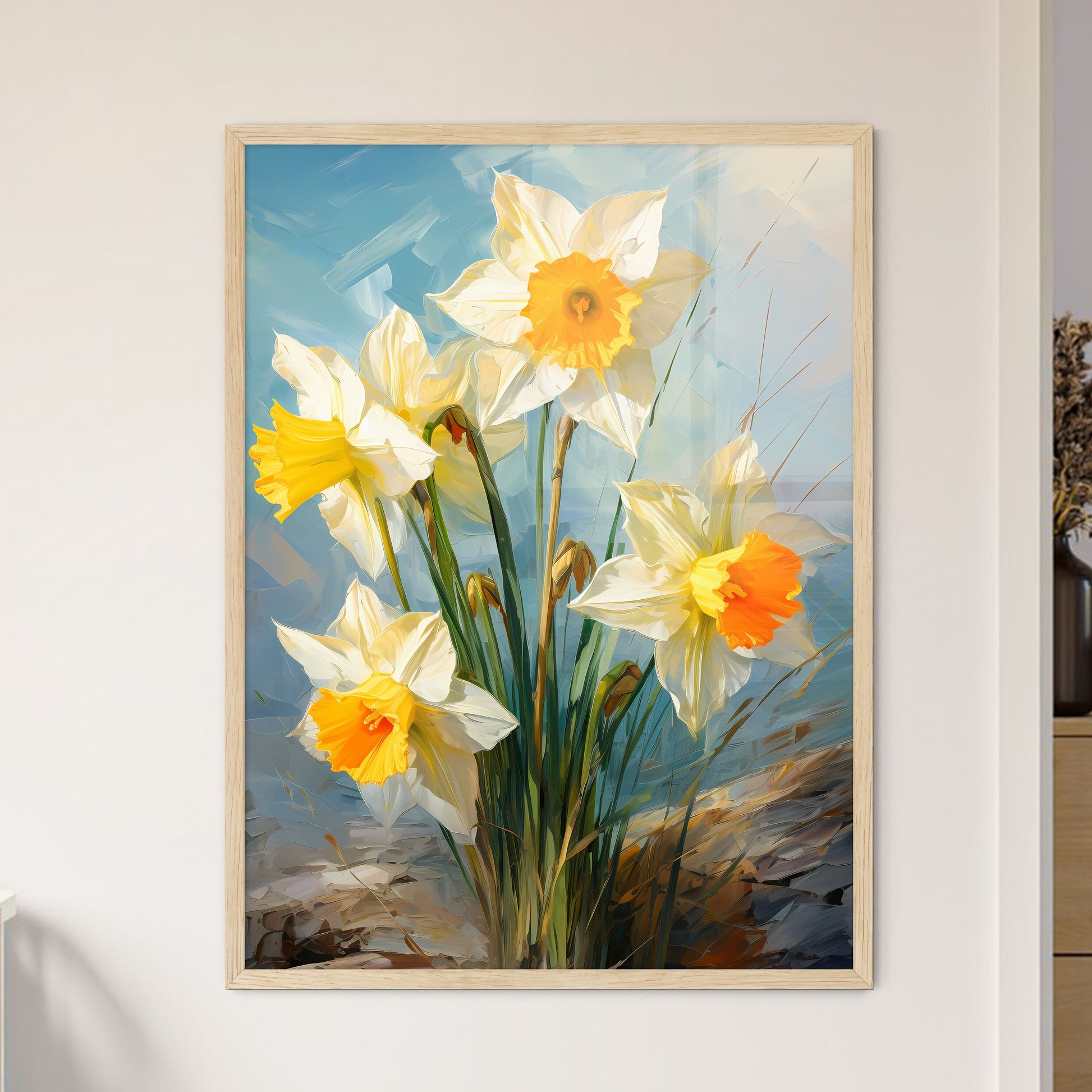 Lovely Yellow Daffodil Flowers On Green Back - Framed Art Print