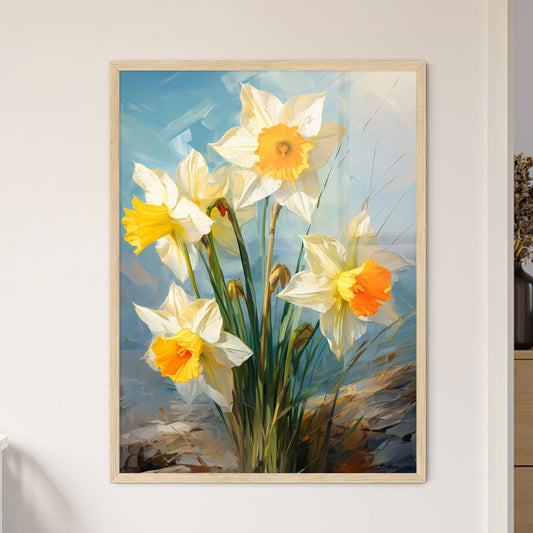 Lovely Yellow Daffodil Flowers On Green Back - Framed Art Print