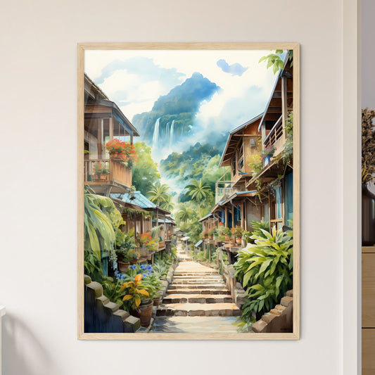 Malaysia Village In Watercolor Painting - A Street With Buildings And Plants Default Title